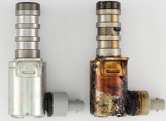 Comparison of clean and deposit-covered variable valve timing solenoids